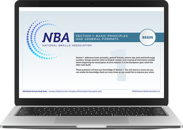 Section 1 of the 'Braille Formats Study Guide' is seen on a laptop.
