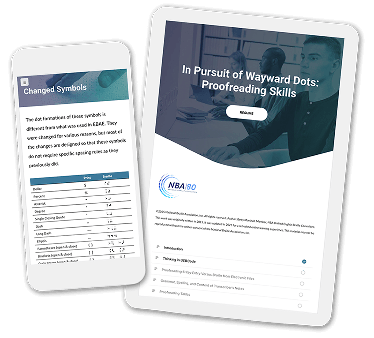 The 'In Pursuit of Wayward Dots: Proofreading Skills' is seen on a tablet and mobile device.